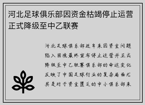 河北足球俱乐部因资金枯竭停止运营正式降级至中乙联赛